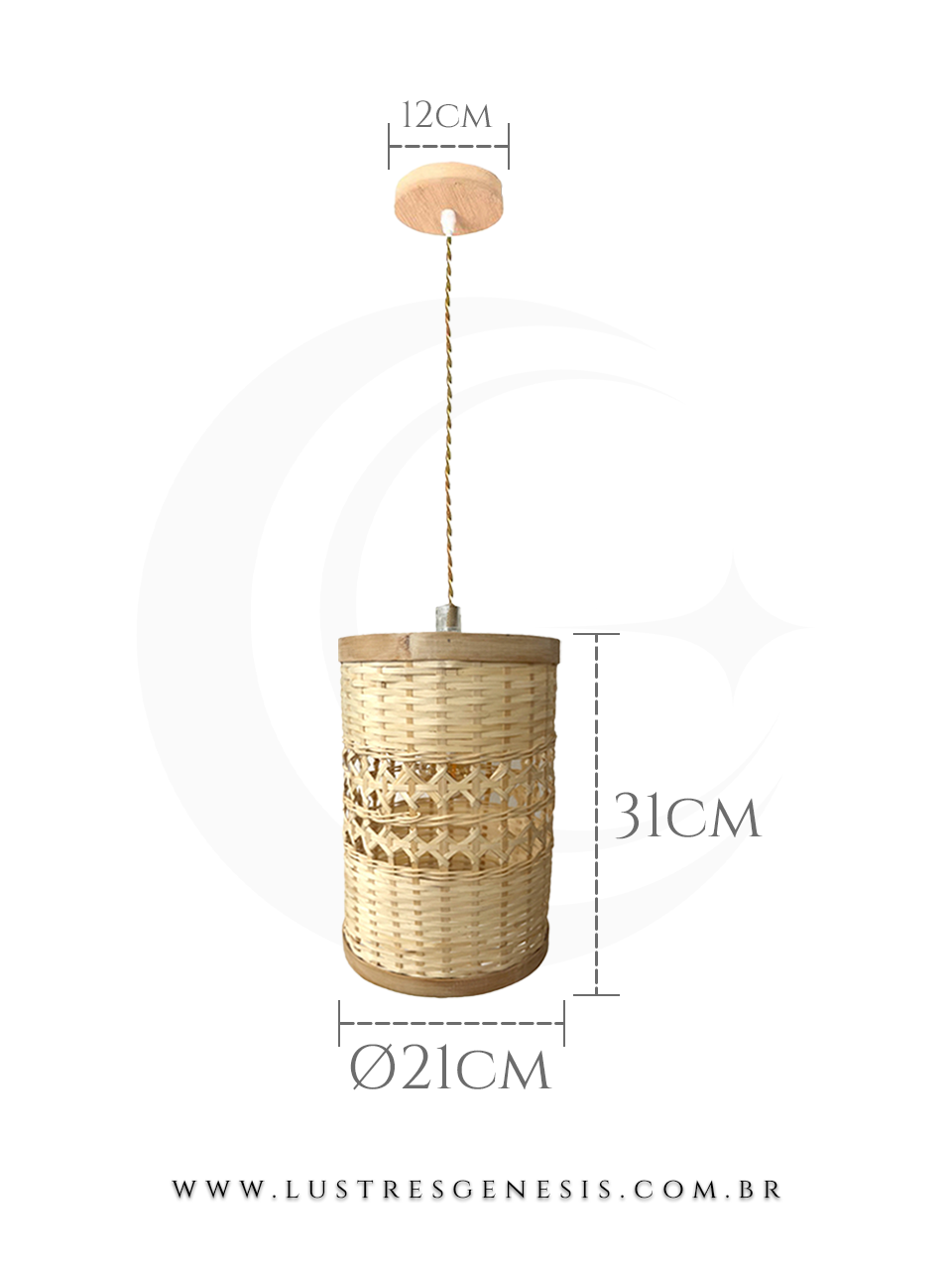 Luminária pendente de teto em madeira e fibra de bambu Nikoi iluminando uma mesa de jantar em ambiente moderno e aconchegante.